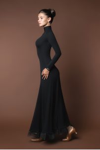 Black ballroom smooth dress with long sleeves and neckline