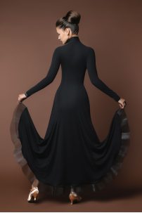 Black ballroom smooth dress with long sleeves and neckline
