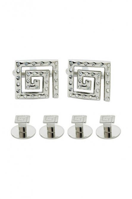 Set of silver studs and cufflinks with spiral squared shape