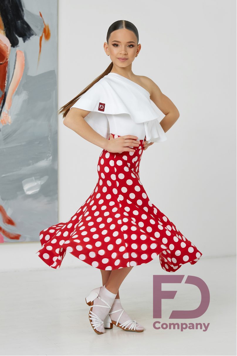 Ballroom latin dance skirt for girls by FD Company style Юбка ЮС-1201/1 KW/White small polka dots on red