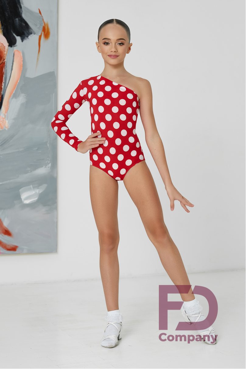 Girls dance leotard by FD Company style Купальник КУ-877/3/White large polka dots on red