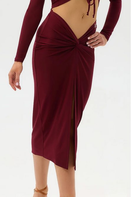 Women's Tapered Latin Dance Skirt with Decorative Knot Burgundy
