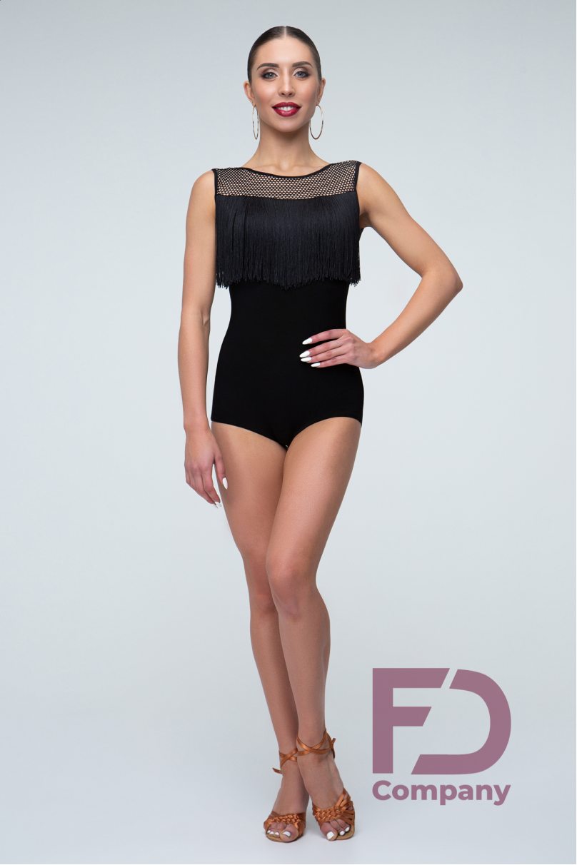 Women's leotard with stitched coarse mesh yokes and fringes