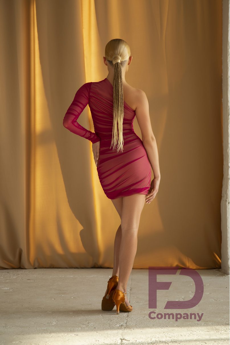 Latin dance dress by FD Company model Платье ПЛ-1175/Beige base (Fuchsia mesh)