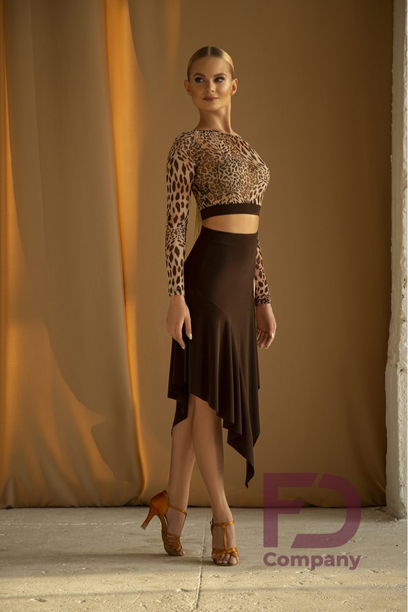 Brown latin rhythm skirt with stitched flounce and deep slit on one side