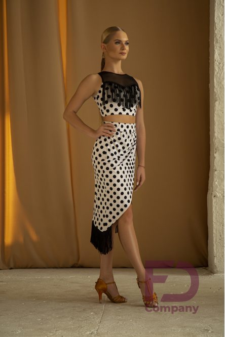 Long fringed Latin Rhythm skirt for dance, Polka Dot Print