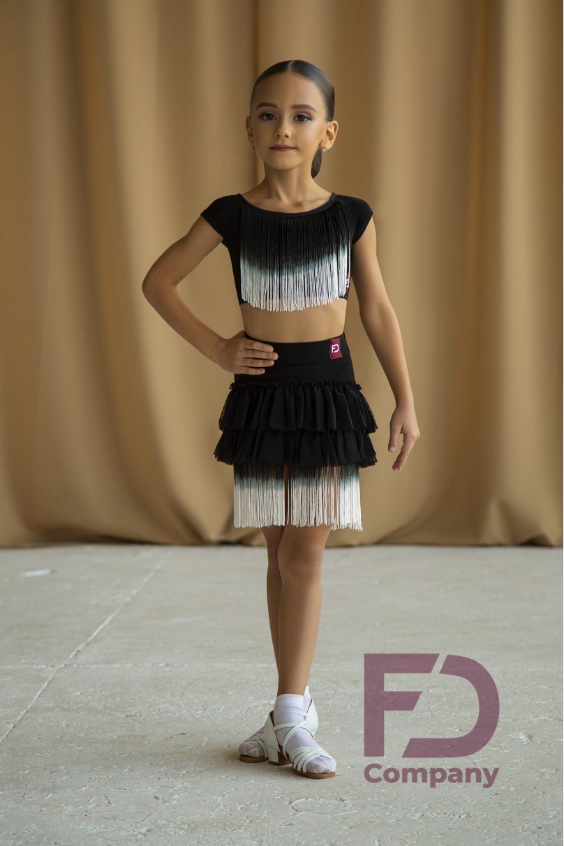 Ballroom latin dance skirt for girls by FD Company style Юбка ЮЛ-1217/Black (Fringe black-orange)