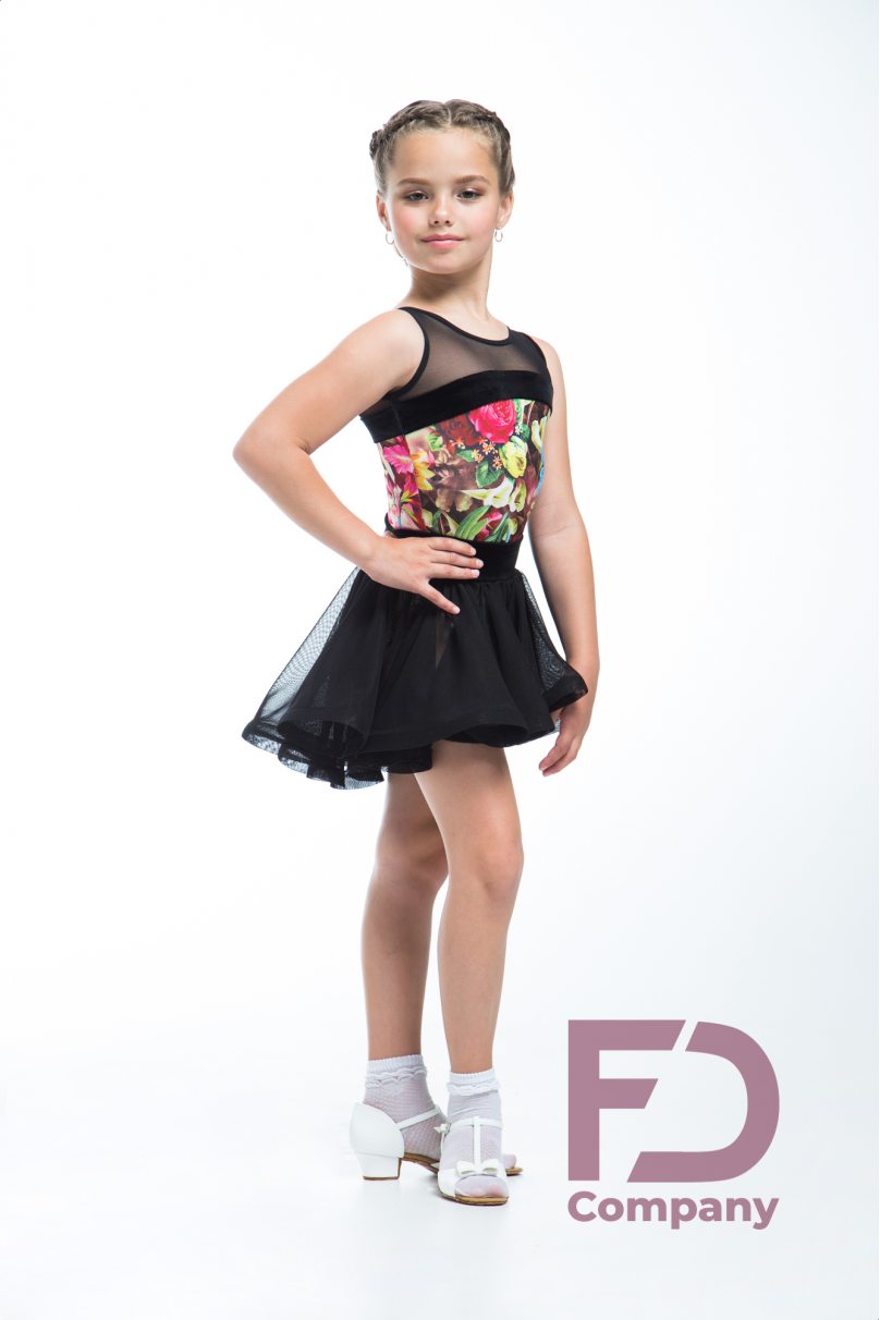 Girls dance leotard by FD Company style Купальник КУ-856/Coral (Black velour and mesh)
