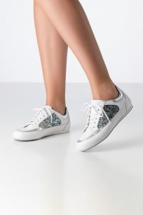 Dance shoes for Swing, Twist, Zumba, Boogie Woogie Werner Kern model Carol/Nappa white/Chevro silver/brocade white